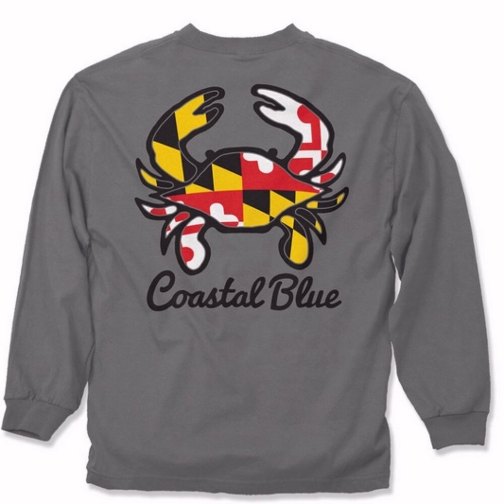 Coastal Maryland Flag Crab Gray Long Sleeve T-Shirt Sweatshirt - NEW Fast Ship
